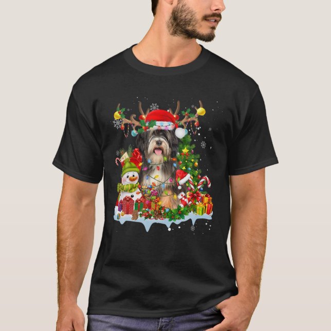Tibetan Terrier Santa Hat Reindeer Christmas Light T-Shirt (Front)