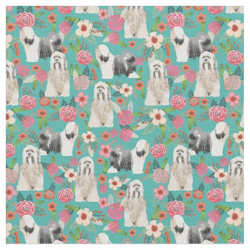 Tibetan Terrier vintage florals turquoise Fabric