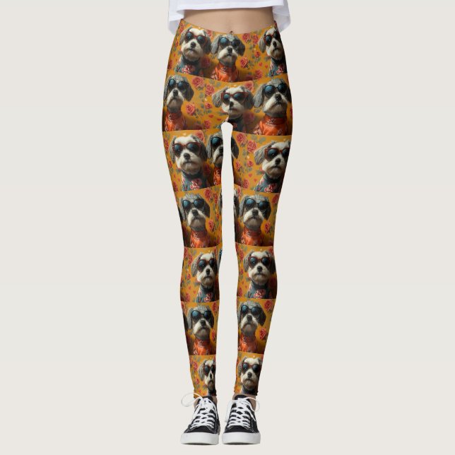 Tibetan Terrier with Heart Roses Valentine's Day Leggings (Front)