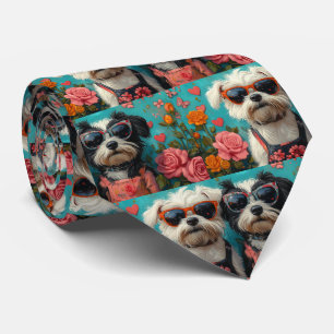 Tibetan Terrier with Heart Roses Valentine's Day Neck Tie