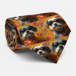 Tibetan Terrier with Heart Roses Valentine's Day Neck Tie