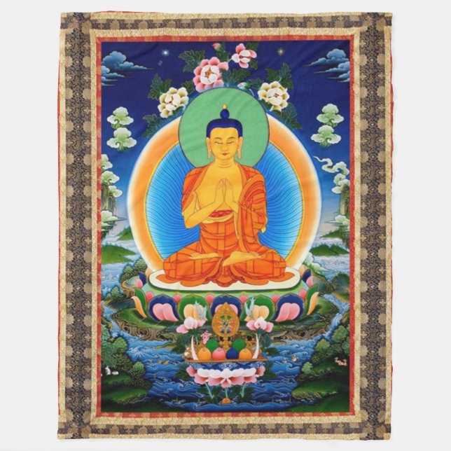 Tibetan Thangka Prabhutaratna Buddha Fleece Blanket (Front)