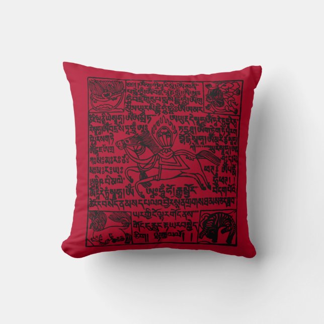 Tibetan Windhorse Prayer Flag Pillow in Red (Front)
