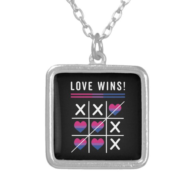 Tic Tac Toe Love Wins LGBTQ Bisexual Pride Silver Plated Necklace (Front)