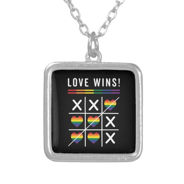 Tic Tac Toe Love Wins LGBTQ Gay Pride Silver Plated Necklace (Front)