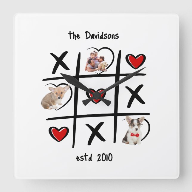 Tic-Tac-Toe Personalized Photo Square Clock (Front)