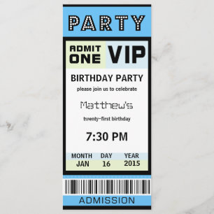 Ticket 21st Birthday Party Invitations Blue