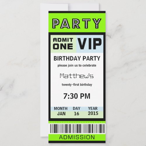 Ticket 21st Birthday Party Invitations Green