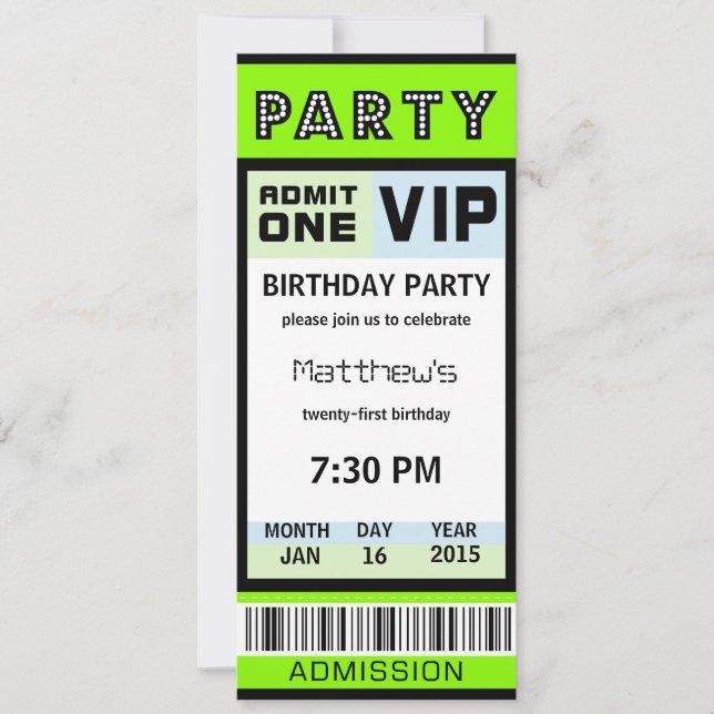 Ticket 21st Birthday Party Invitations Green (Front)