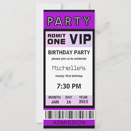 Ticket 21st Birthday Party Invitations Purple