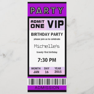 Ticket 21st Birthday Party Invitations Purple