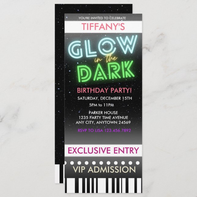 Ticket Birthday Invitation | Glow In The Dark (Front/Back)