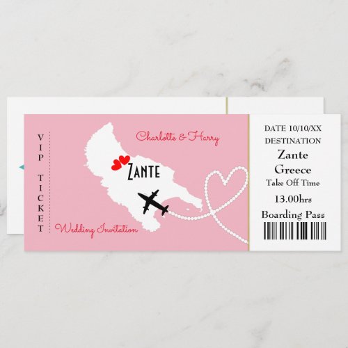 Ticket Boarding Pass Floral Wedding Abroad Zante Invitation