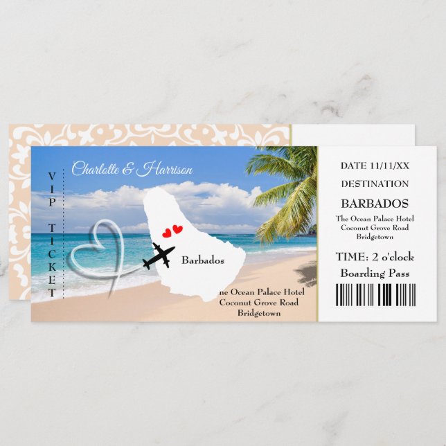 Ticket Boarding Pass Wedding Destination Barbados Invitation (Front/Back)