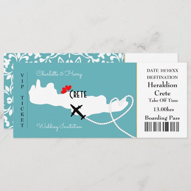 Ticket Boarding Pass Wedding Destination Crete Invitation (Front/Back)