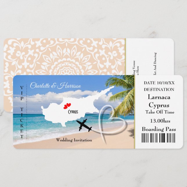 Ticket Boarding Pass Wedding Destination Cyprus In Invitation (Front/Back)