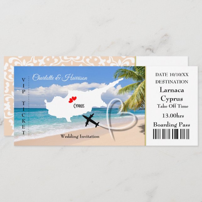 Ticket Boarding Pass Wedding Destination Cyprus Invitation (Front/Back)