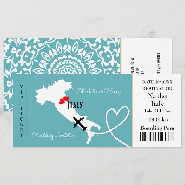 Ticket Boarding Pass Wedding Destination Italy Invitation (Front/Back)