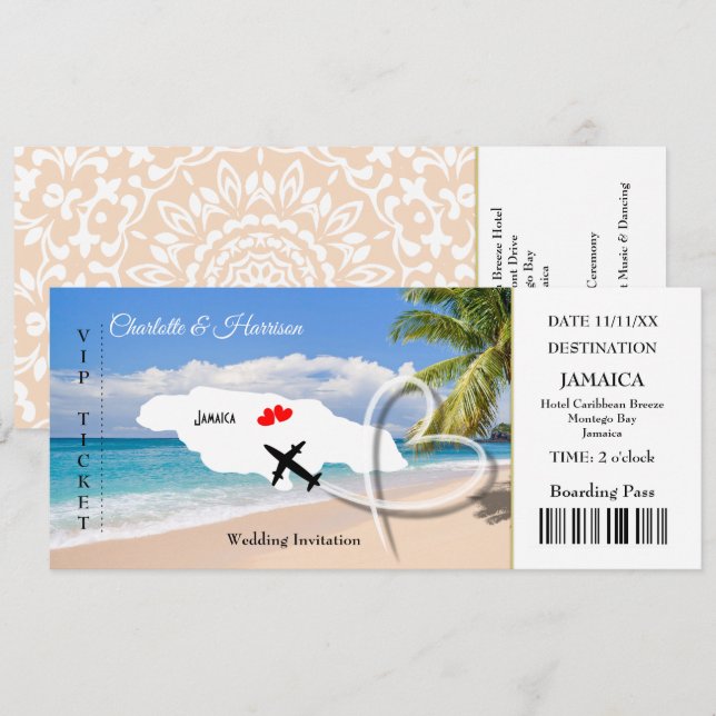Ticket Boarding Pass Wedding Destination Jamaica Invitation (Front/Back)