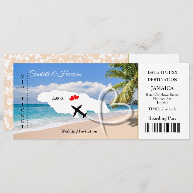 Ticket Boarding Pass Wedding Destination Jamaica Invitation (Front/Back)