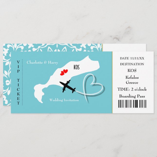 Ticket Boarding Pass Wedding Destination Kos Invitation (Front/Back)