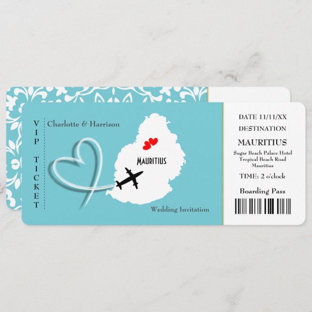 Ticket Boarding Pass Wedding Destination Mauritius Invitation (Front/Back)