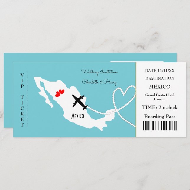 Ticket Boarding Pass Wedding Destination Mexico Invitation (Front/Back)