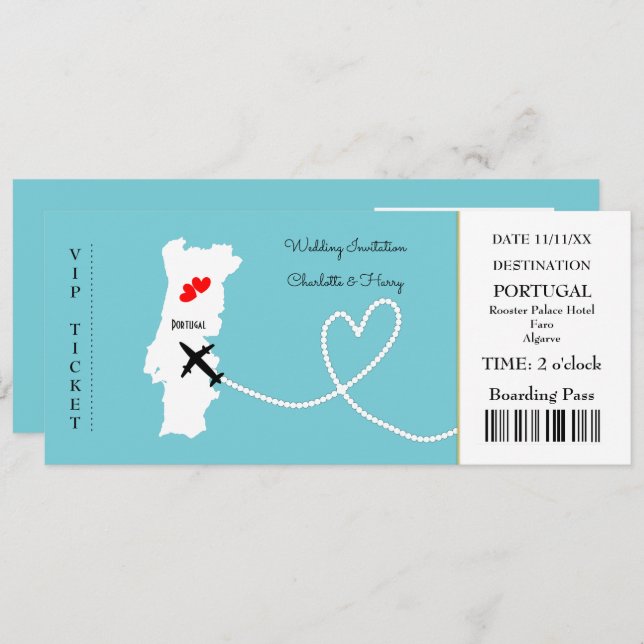 Ticket Boarding Pass Wedding Destination Portugal Invitation (Front/Back)