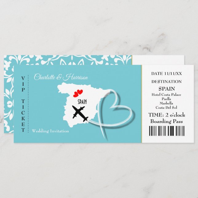 Ticket Boarding Pass Wedding Destination Spain Invitation (Front/Back)