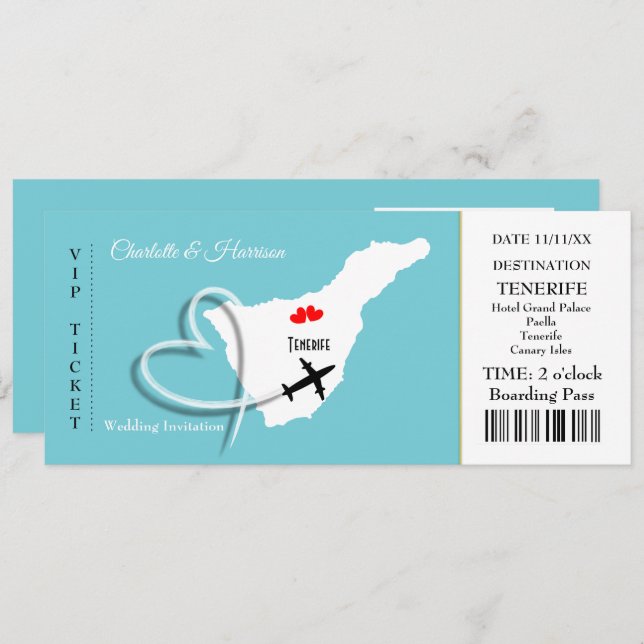 Ticket Boarding Pass Wedding Destination Tenerife Invitation (Front/Back)