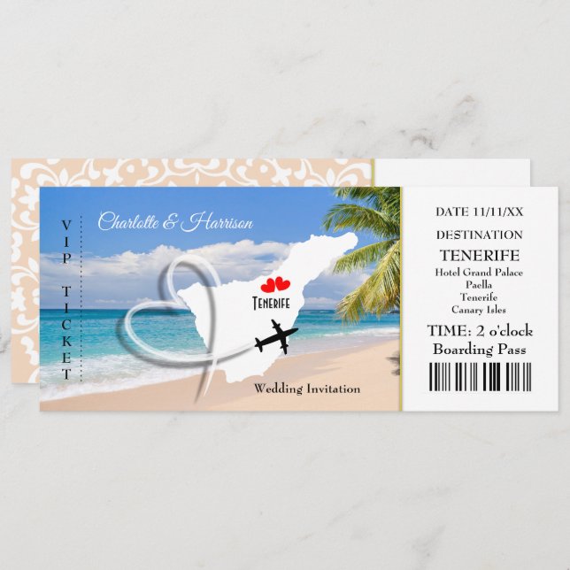 Ticket Boarding Pass Wedding Destination Tenerife Invitation (Front/Back)