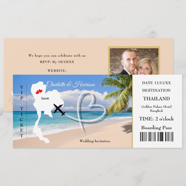 Ticket Boarding Pass Wedding Destination Thailand Invitation (Front/Back)