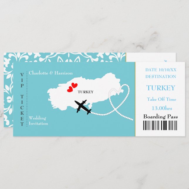 Ticket Boarding Pass Wedding Destination Turkey Invitation (Front/Back)