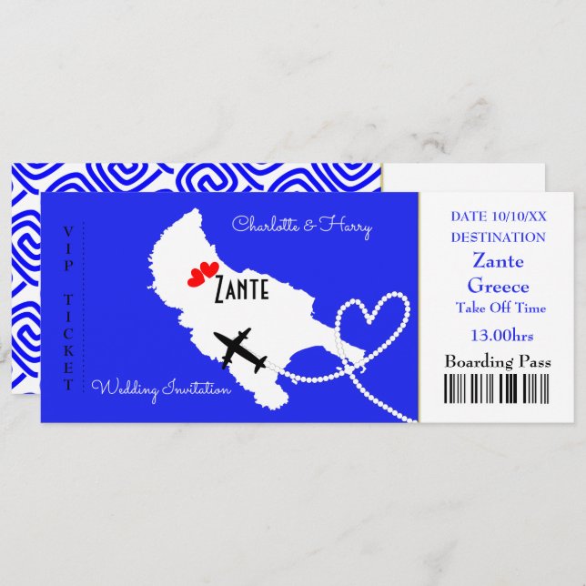 Ticket Boarding Pass Wedding Destination Zante Invitation (Front/Back)