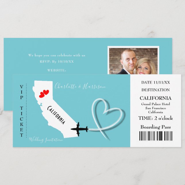 Ticket BoardingPass Wedding Destination California Invitation (Front/Back)