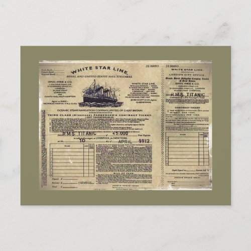 Ticket for RMS Titanic 1912 Holiday Postcard
