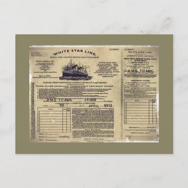 Ticket for RMS Titanic 1912 Holiday Postcard Zazzle