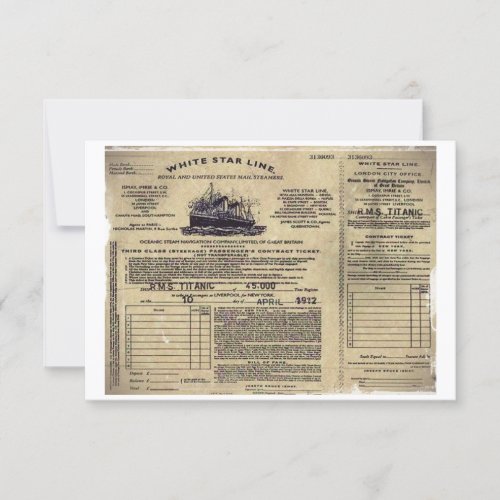 Ticket for RMS Titanic 1912 Invitation