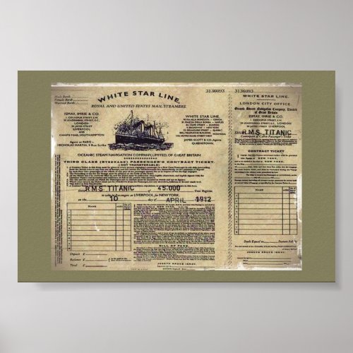 Ticket for RMS Titanic 1912 Poster