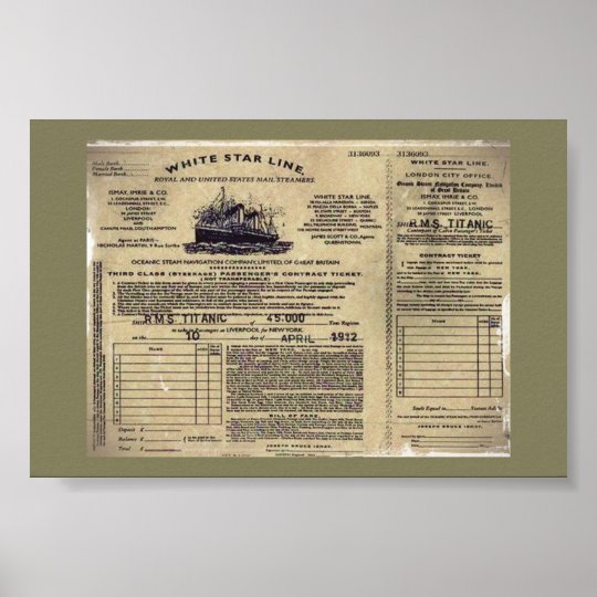Ticket for RMS Titanic 1912 Poster