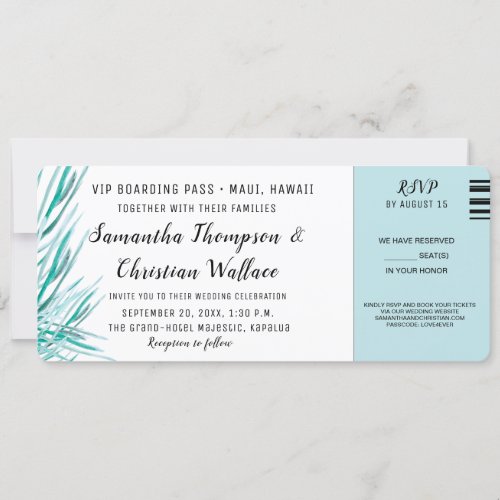 Ticket Green Palm Destination Wedding RSVP  Invitation