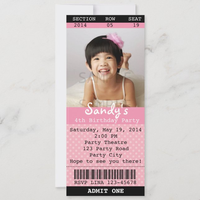 Ticket Invitation (Pink) with Photo -Theatre/Movie (Front)