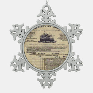 Ticket RMS Titanic 1912 Snowflake Pewter Christmas Ornament