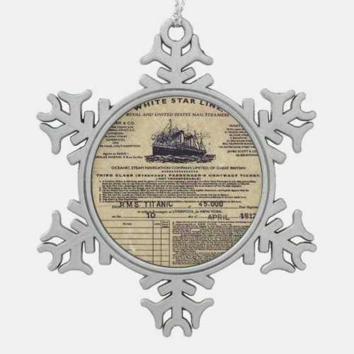 Ticket RMS Titanic 1912 Snowflake Pewter Christmas Ornament