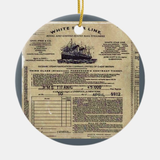 Ticket RMS Titanic Ceramic Ornament (Front)