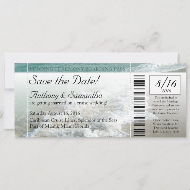 Ticket Save Date, Beach Destination Wedding Cruise The Date (Front)