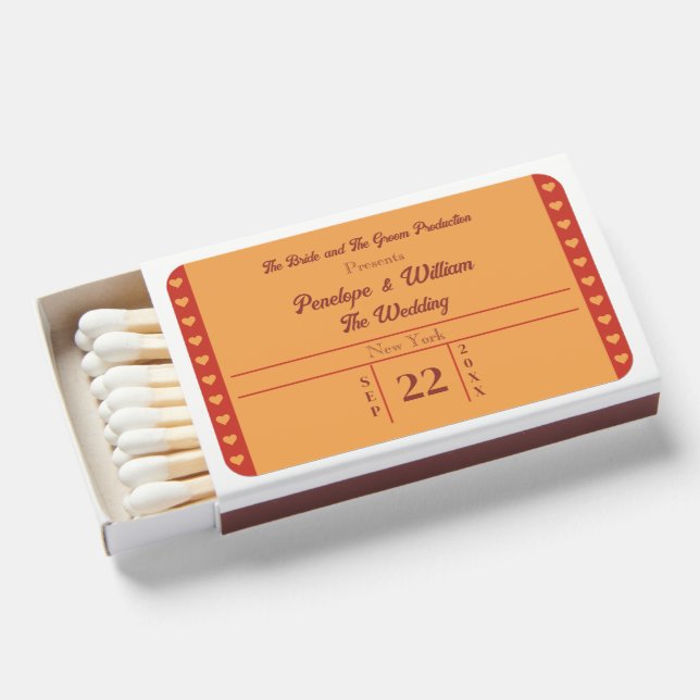 Ticket Simple Retro Style Orange Wedding Matchboxes (Front Open)
