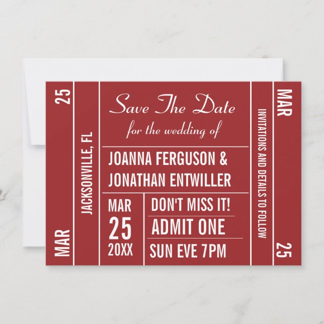 Ticket Stub (Red) Save The Date Invitation (Front)