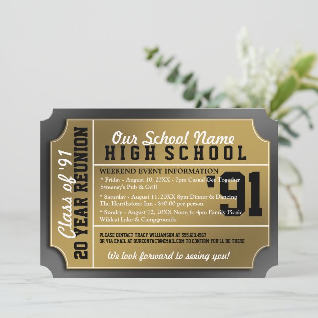 Ticket Style Black/Gold Class Reunion Invitation (Standing Front)