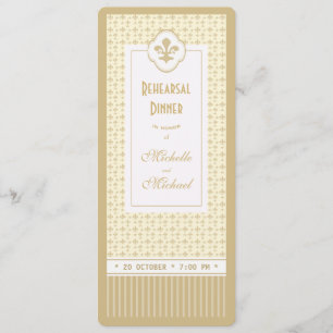 Ticket Style Gold Fleur de Lis Rehearsal Dinner Invitation
